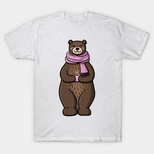 Cute Bear in a Fuzzy Pink Scarf with a Cup of Hot Chocolate T-Shirt